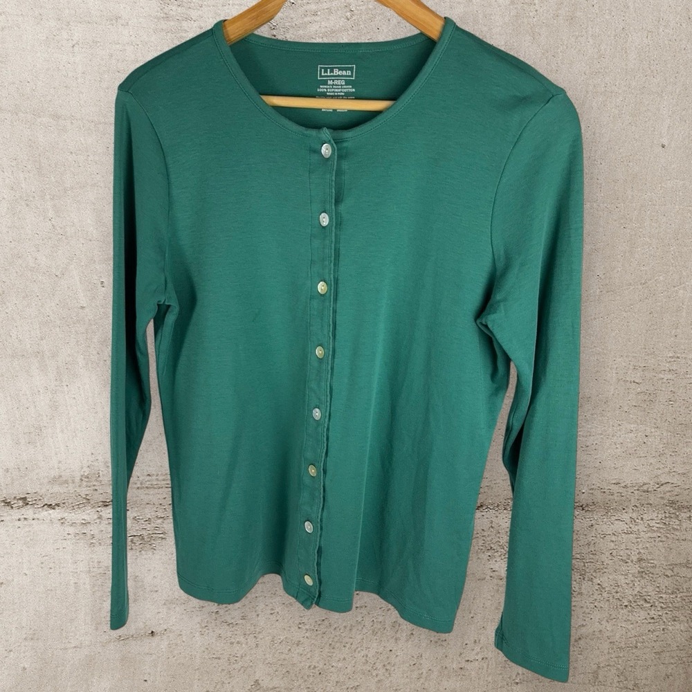 L.L. Bean 100% Supima Cotton Teal Green Long Sleeve Pearl Button Cardigan Knit M - Picture 3 of 10